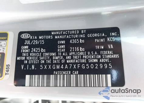 2015 Kia Optima Lx z USA, uszkodzony, nr VIN 5XXGM4A7XFG502995